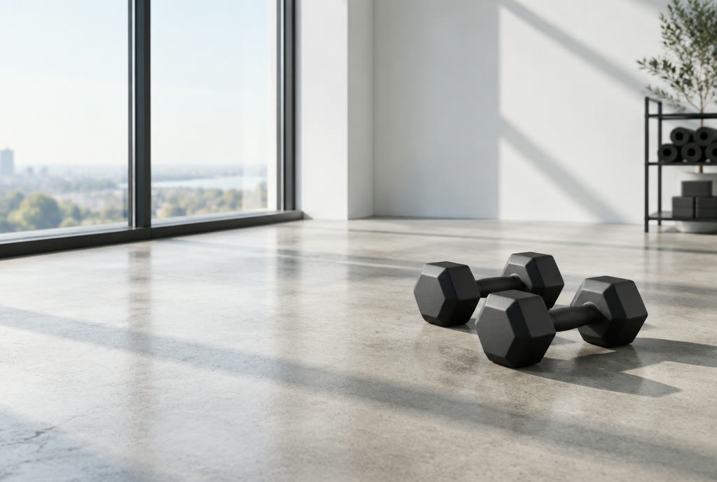 Two dumbbells on a concrete floor beside a bright window